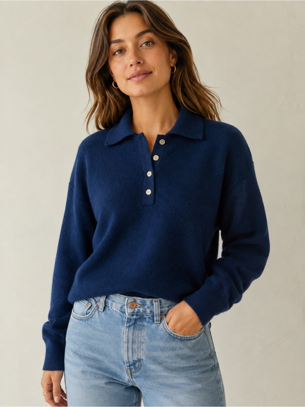 Pilcro Navy Long-Sleeve Polo Sweater